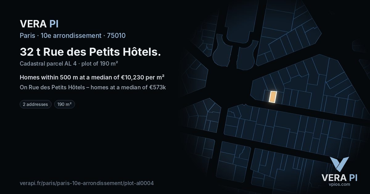 32 t Rue des Petits Hôtels, 10e arrondissement at night – the plot lit, the parcels around coloured by the prices near them