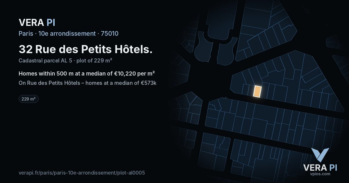32 Rue des Petits Hôtels, 10e arrondissement at night – the plot lit, the parcels around coloured by the prices near them