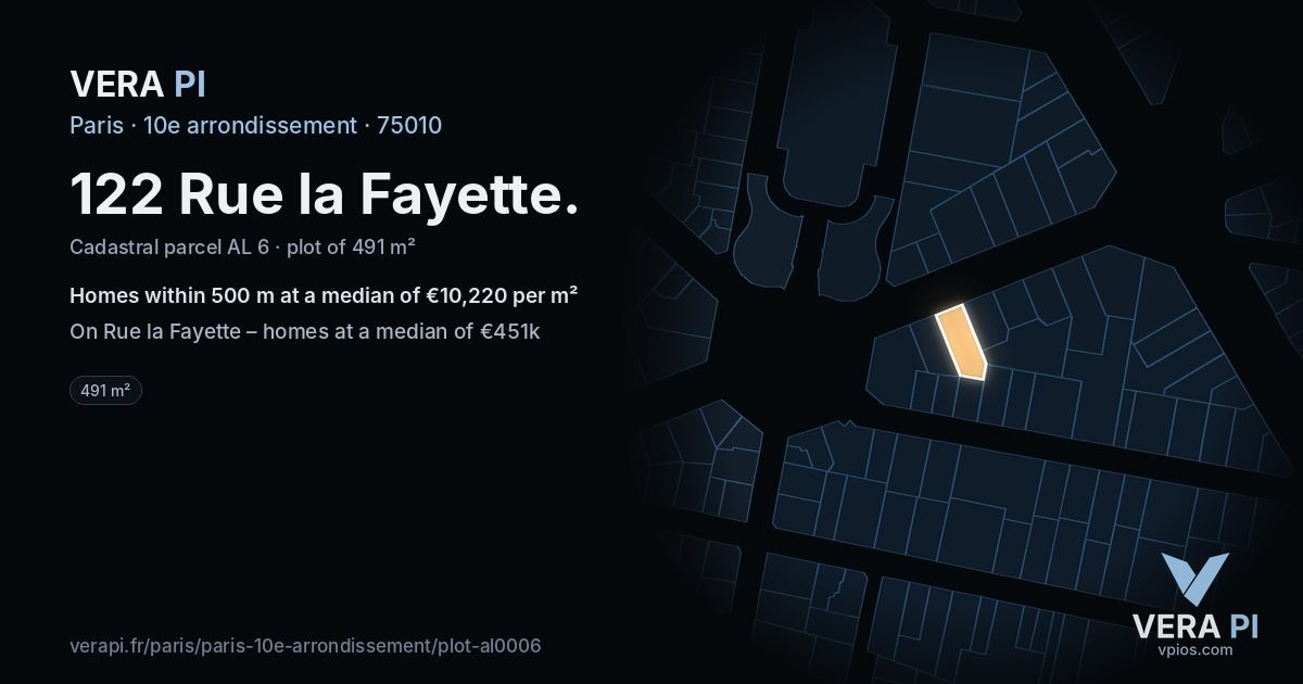 122 Rue la Fayette, 10e arrondissement at night – the plot lit, the parcels around coloured by the prices near them