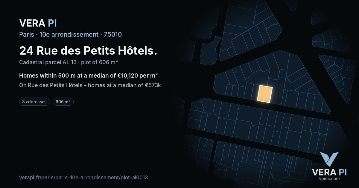 24 Rue des Petits Hôtels, 10e arrondissement at night – the plot lit, the parcels around coloured by the prices near them