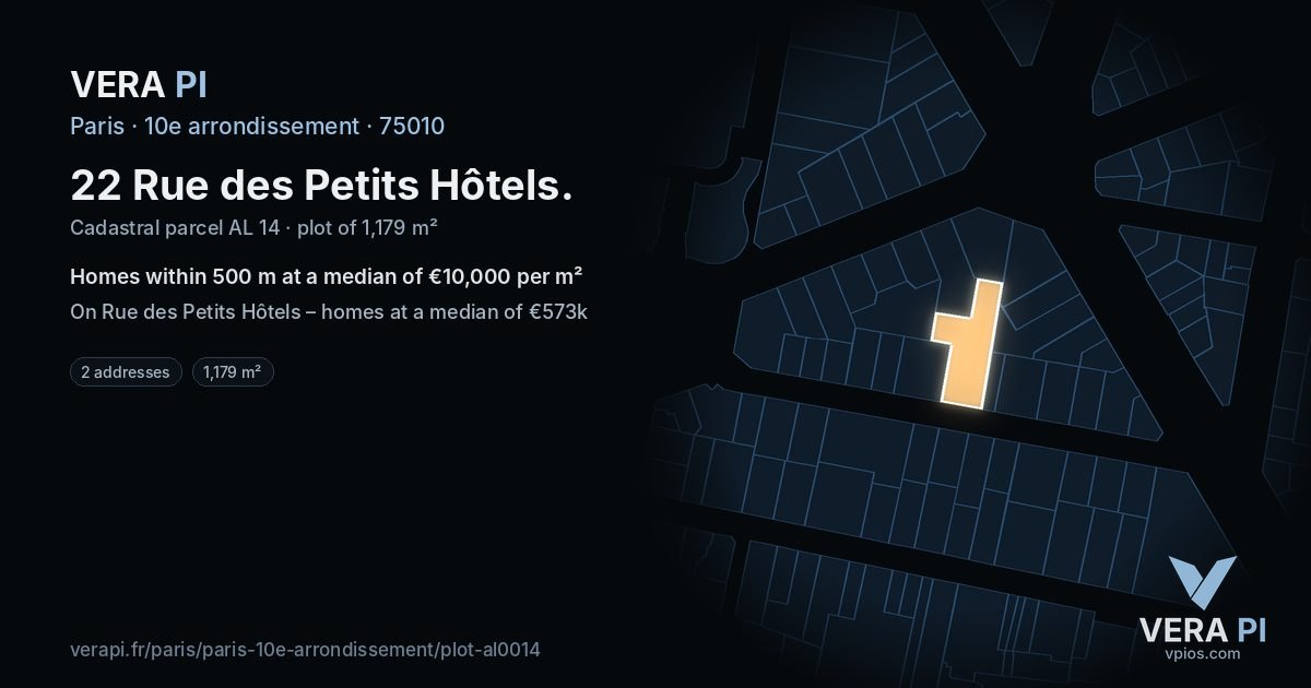 22 Rue des Petits Hôtels, 10e arrondissement at night – the plot lit, the parcels around coloured by the prices near them