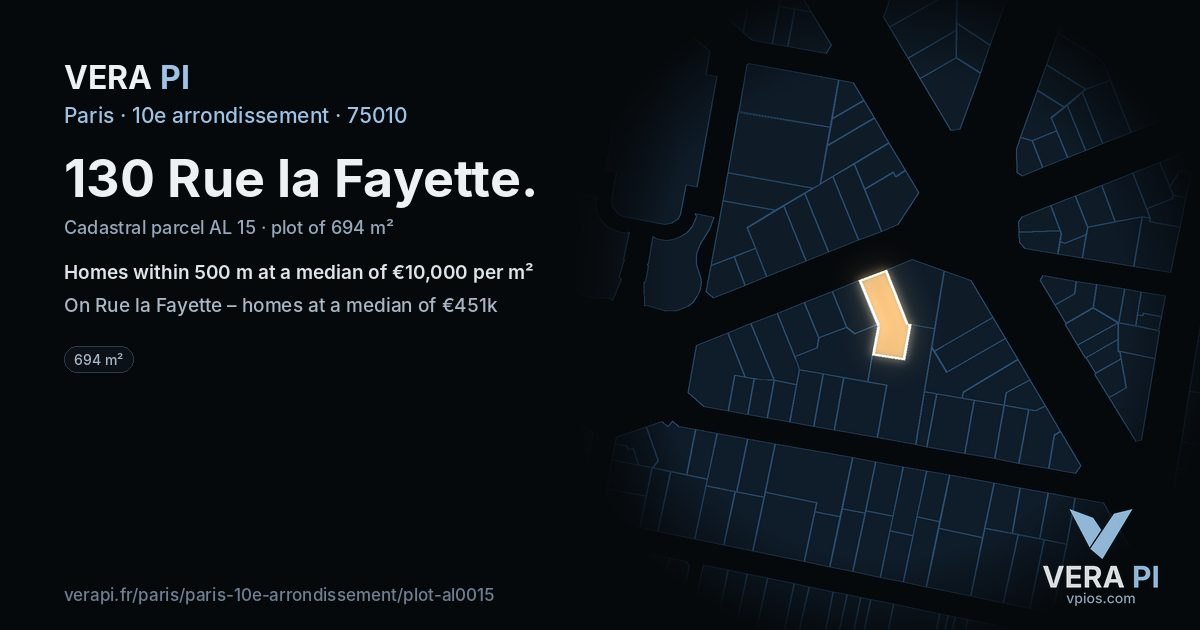 130 Rue la Fayette, 10e arrondissement at night – the plot lit, the parcels around coloured by the prices near them