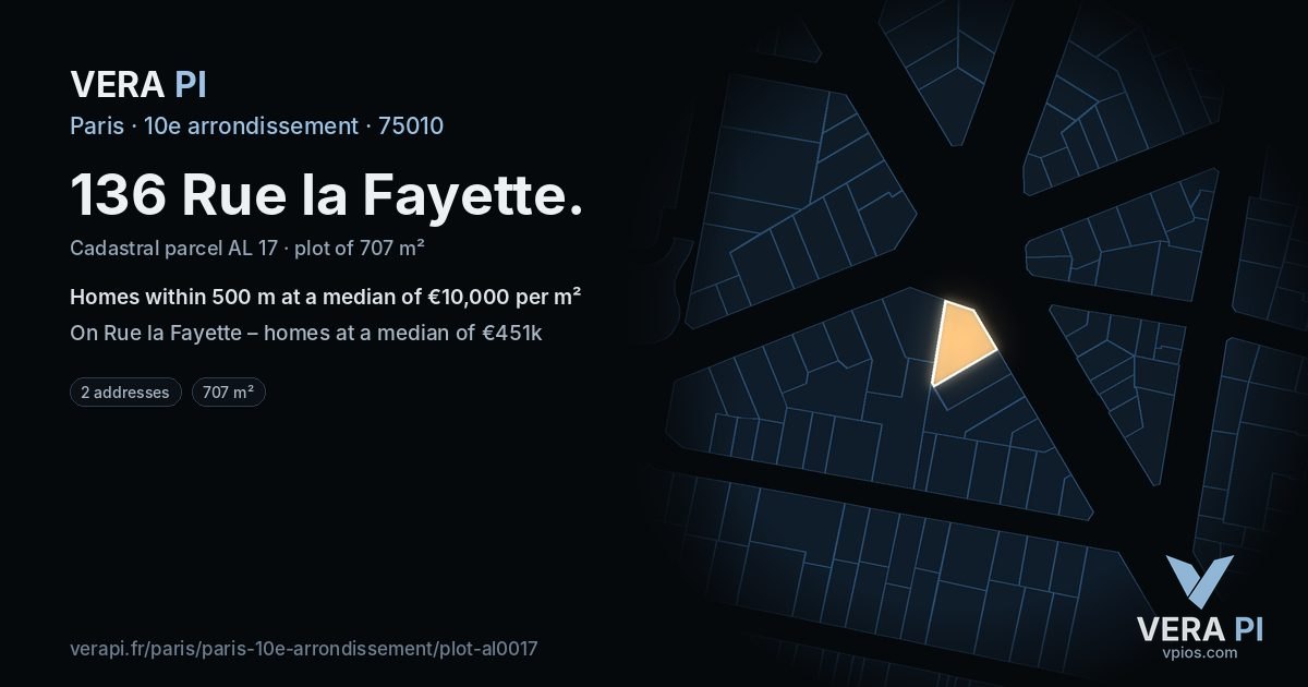 136 Rue la Fayette, 10e arrondissement at night – the plot lit, the parcels around coloured by the prices near them