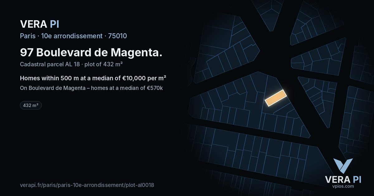 97 Boulevard de Magenta, 10e arrondissement at night – the plot lit, the parcels around coloured by the prices near them