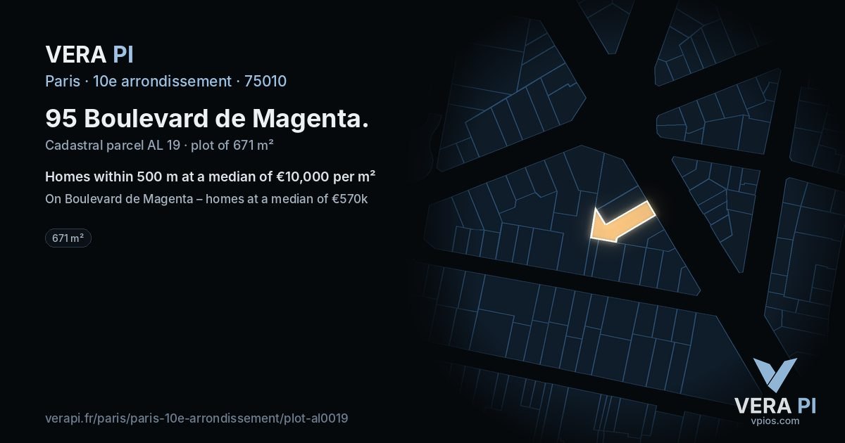 95 Boulevard de Magenta, 10e arrondissement at night – the plot lit, the parcels around coloured by the prices near them