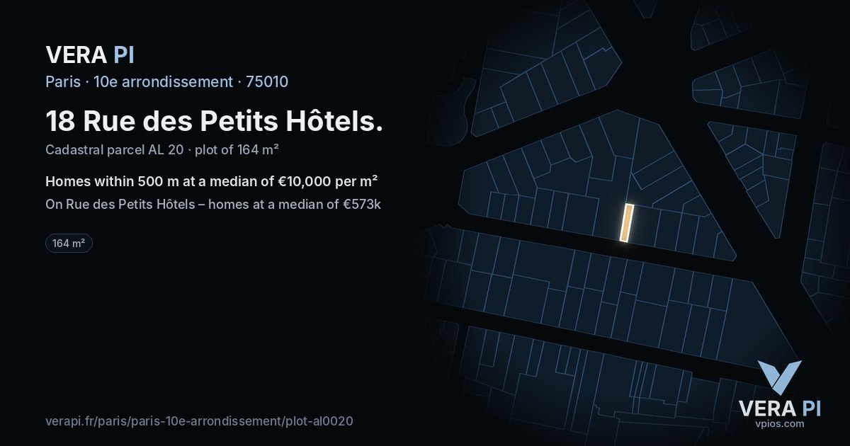 18 Rue des Petits Hôtels, 10e arrondissement at night – the plot lit, the parcels around coloured by the prices near them