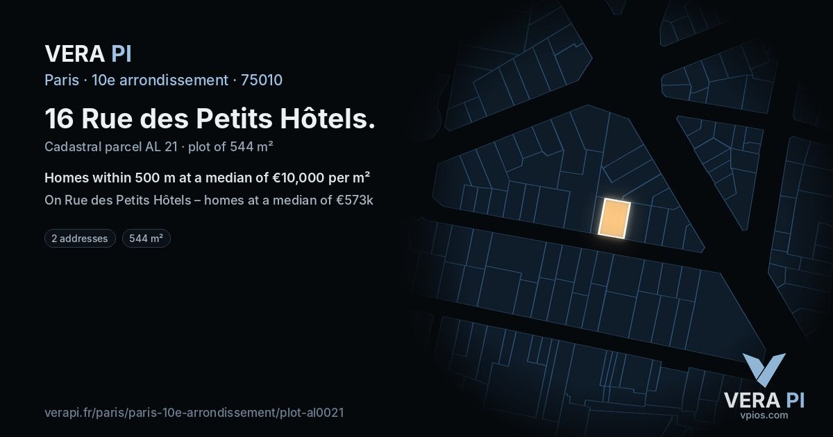 16 Rue des Petits Hôtels, 10e arrondissement at night – the plot lit, the parcels around coloured by the prices near them