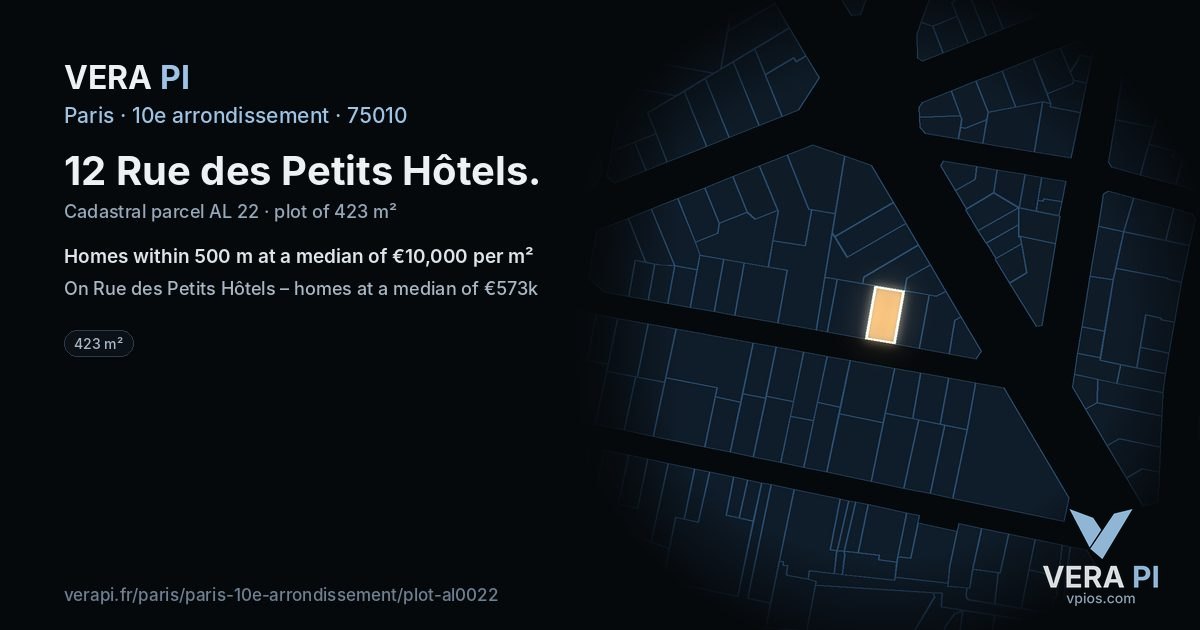 12 Rue des Petits Hôtels, 10e arrondissement at night – the plot lit, the parcels around coloured by the prices near them