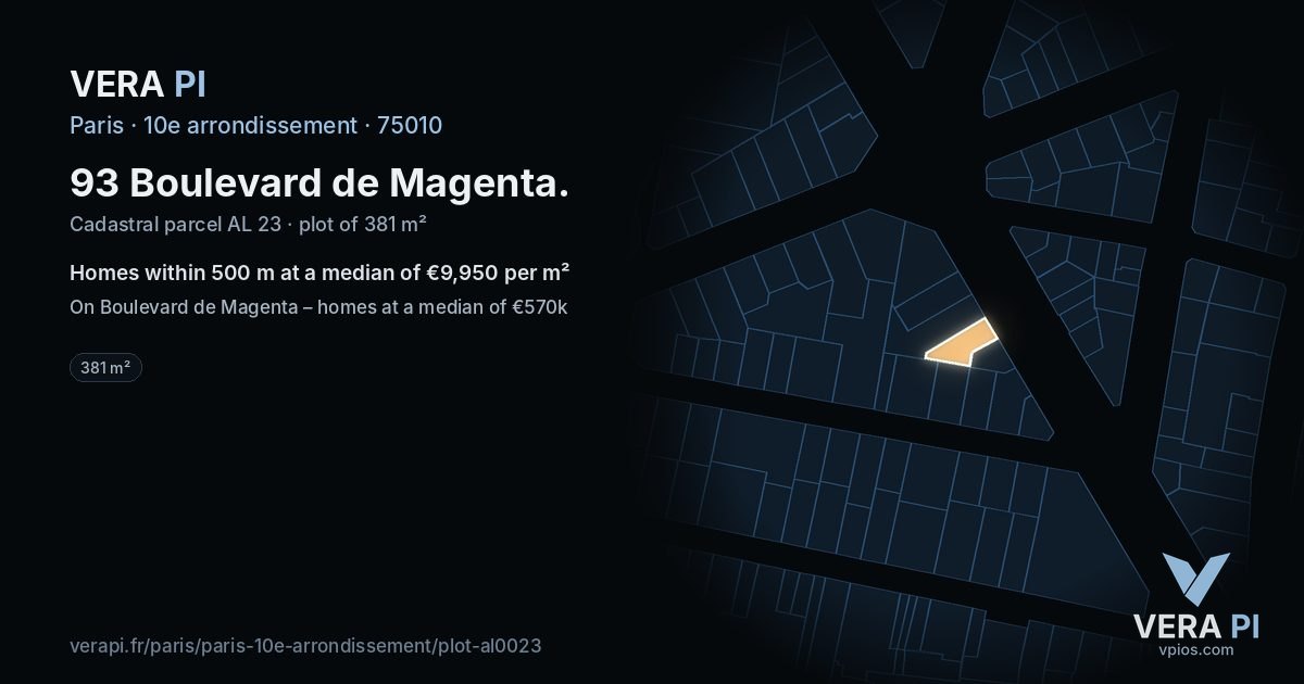 93 Boulevard de Magenta, 10e arrondissement at night – the plot lit, the parcels around coloured by the prices near them