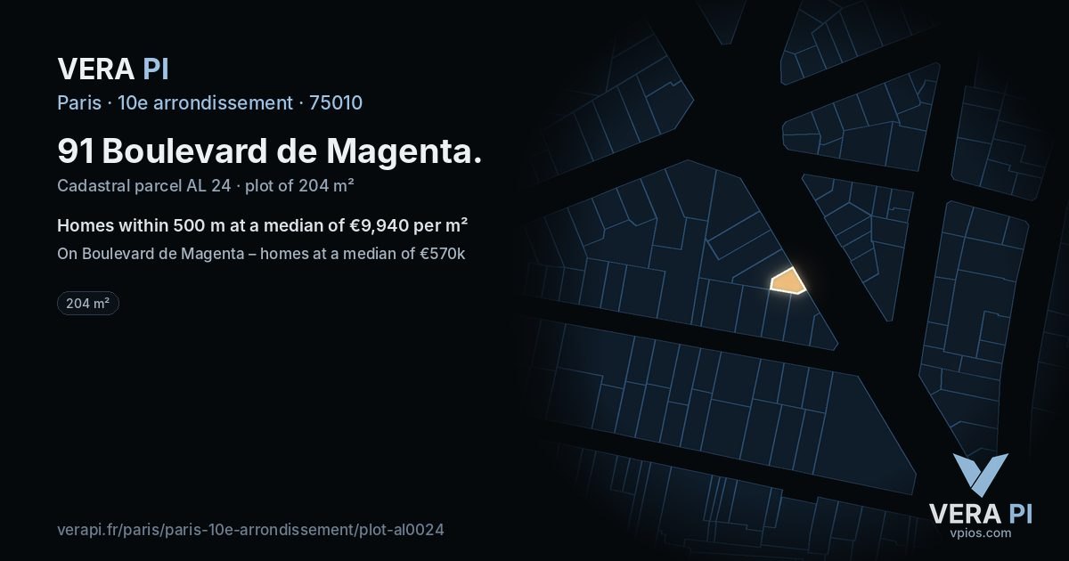 91 Boulevard de Magenta, 10e arrondissement at night – the plot lit, the parcels around coloured by the prices near them