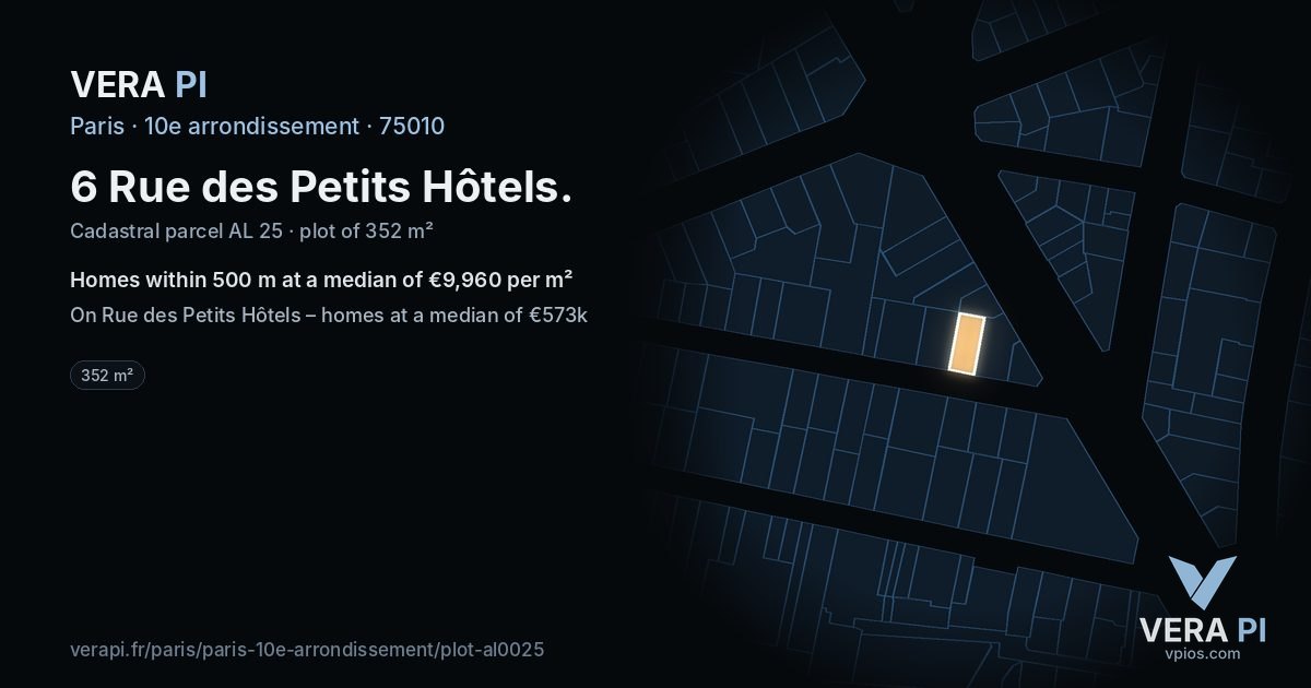 6 Rue des Petits Hôtels, 10e arrondissement at night – the plot lit, the parcels around coloured by the prices near them