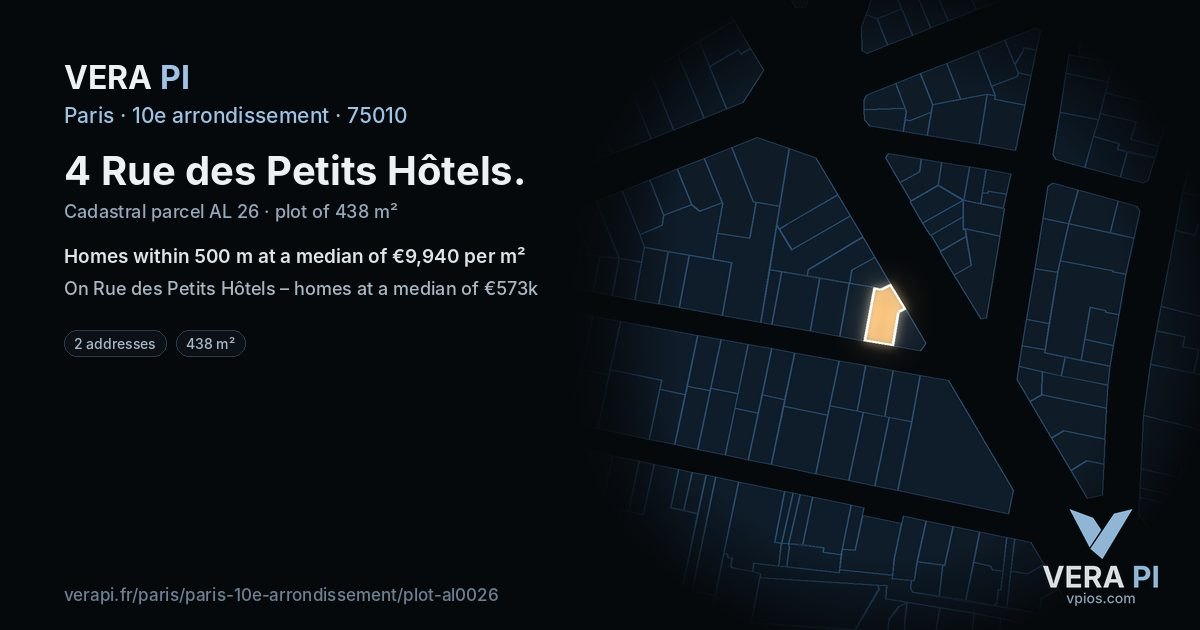 4 Rue des Petits Hôtels, 10e arrondissement at night – the plot lit, the parcels around coloured by the prices near them