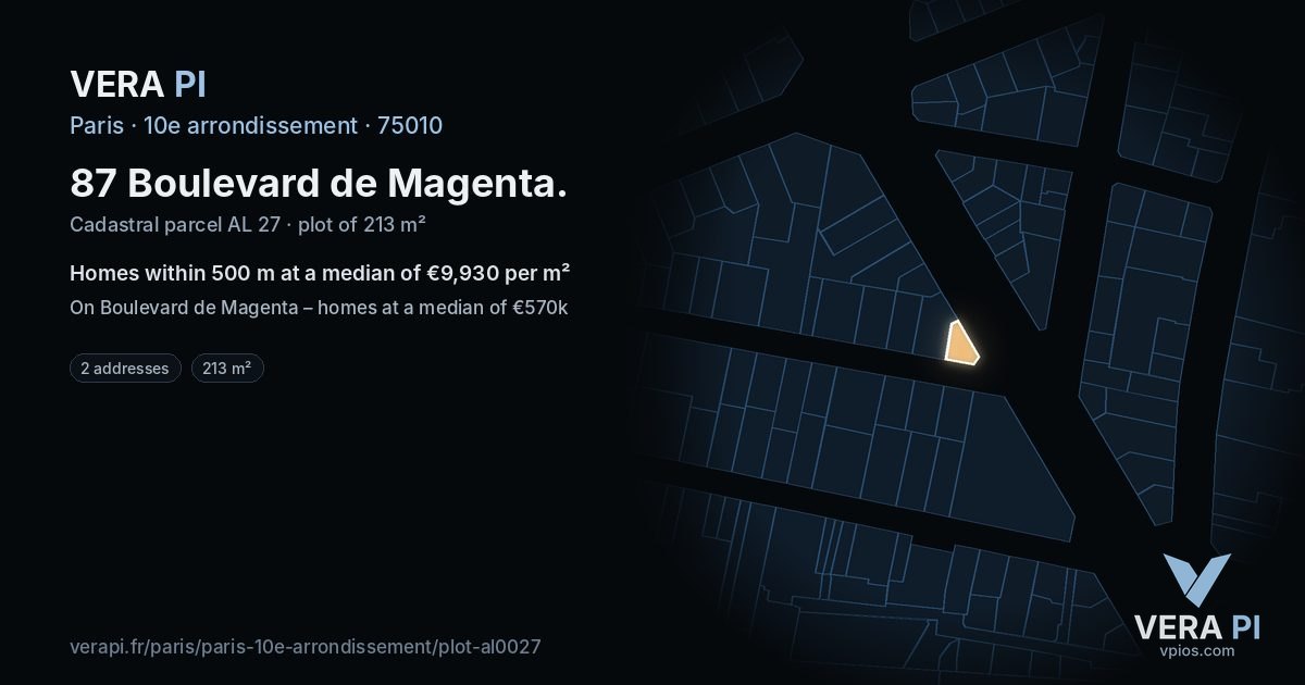 87 Boulevard de Magenta, 10e arrondissement at night – the plot lit, the parcels around coloured by the prices near them