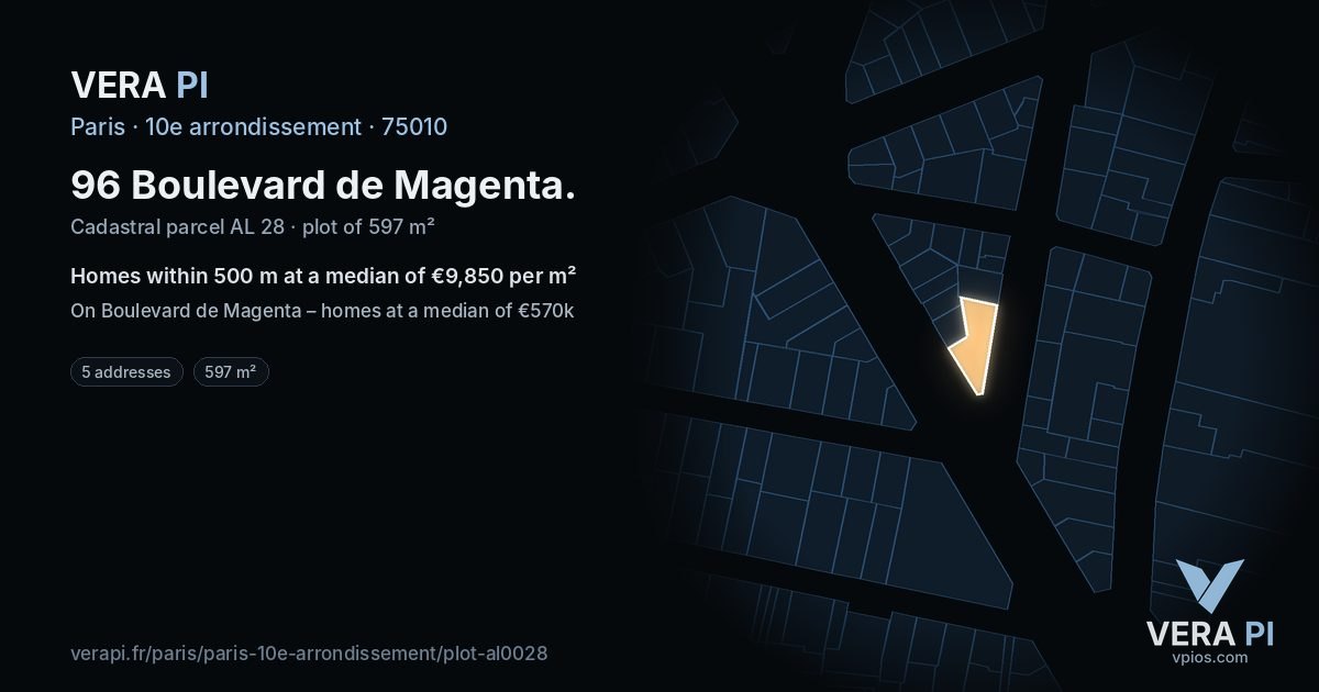 96 Boulevard de Magenta, 10e arrondissement at night – the plot lit, the parcels around coloured by the prices near them