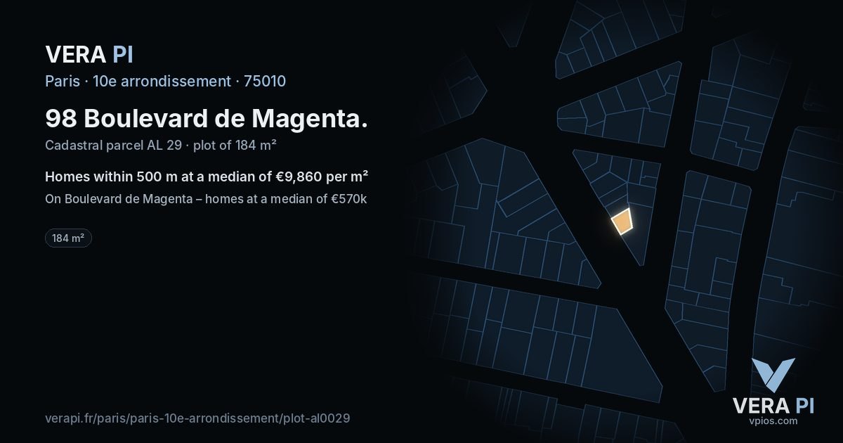 98 Boulevard de Magenta, 10e arrondissement at night – the plot lit, the parcels around coloured by the prices near them