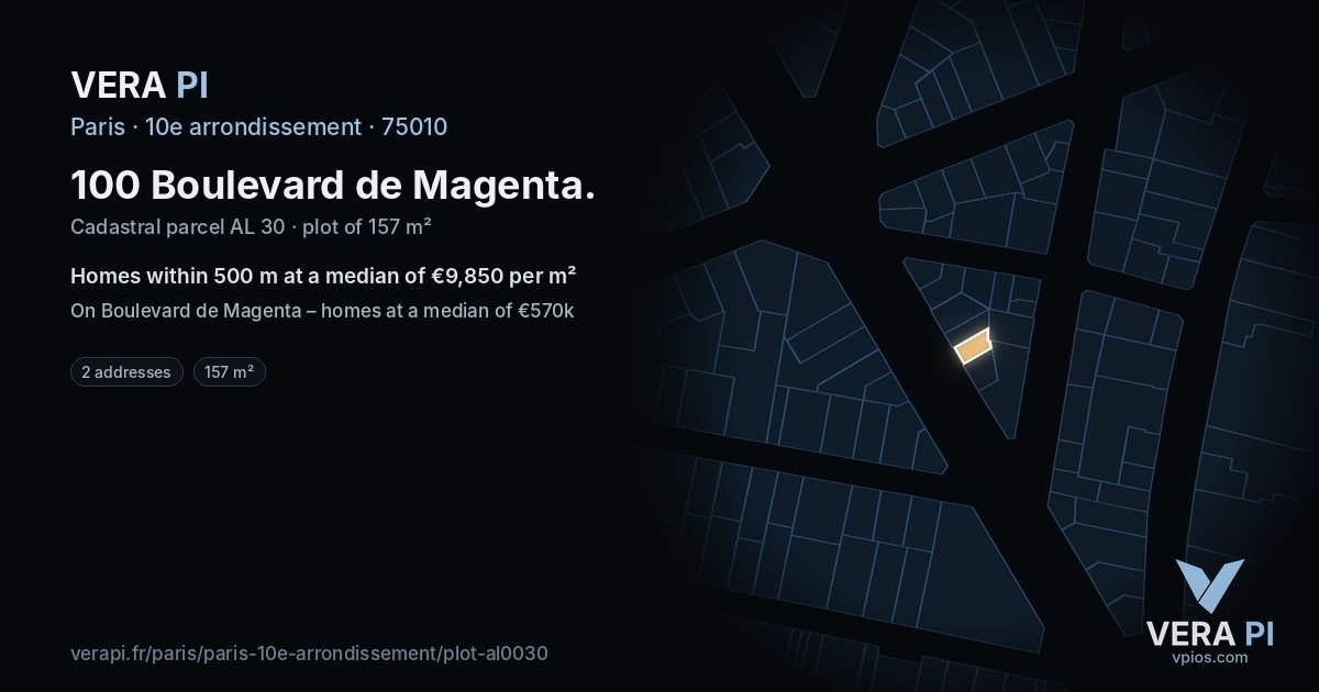 100 Boulevard de Magenta, 10e arrondissement at night – the plot lit, the parcels around coloured by the prices near them