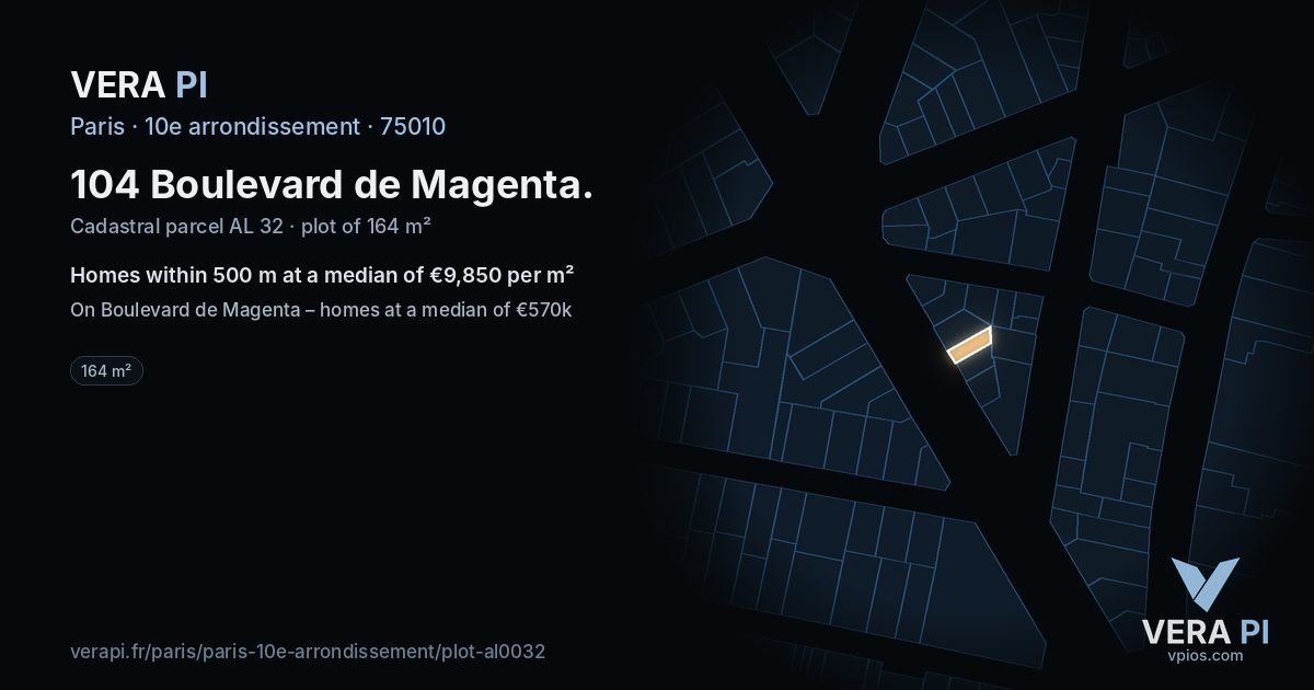 104 Boulevard de Magenta, 10e arrondissement at night – the plot lit, the parcels around coloured by the prices near them