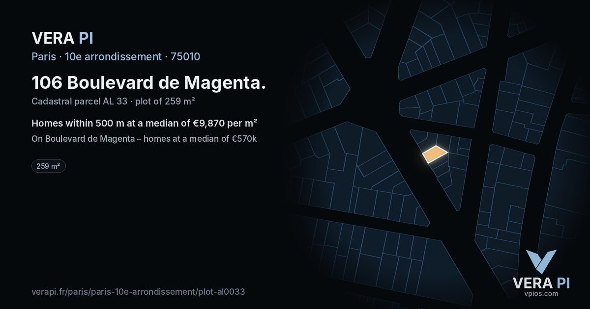 106 Boulevard de Magenta, 10e arrondissement at night – the plot lit, the parcels around coloured by the prices near them