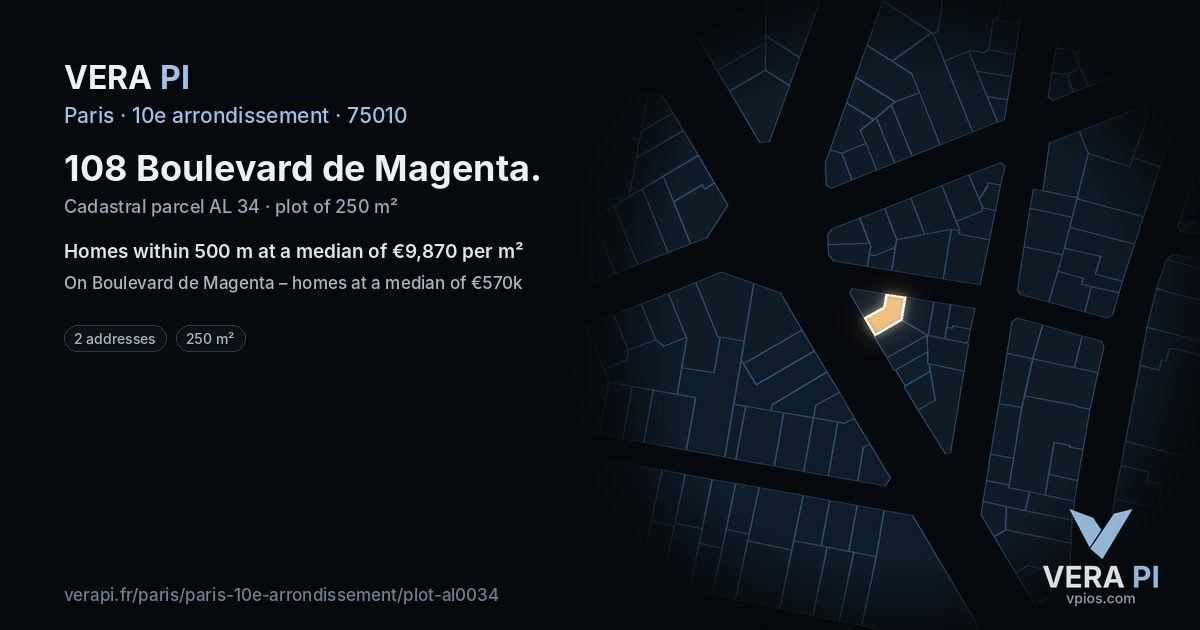 108 Boulevard de Magenta, 10e arrondissement at night – the plot lit, the parcels around coloured by the prices near them