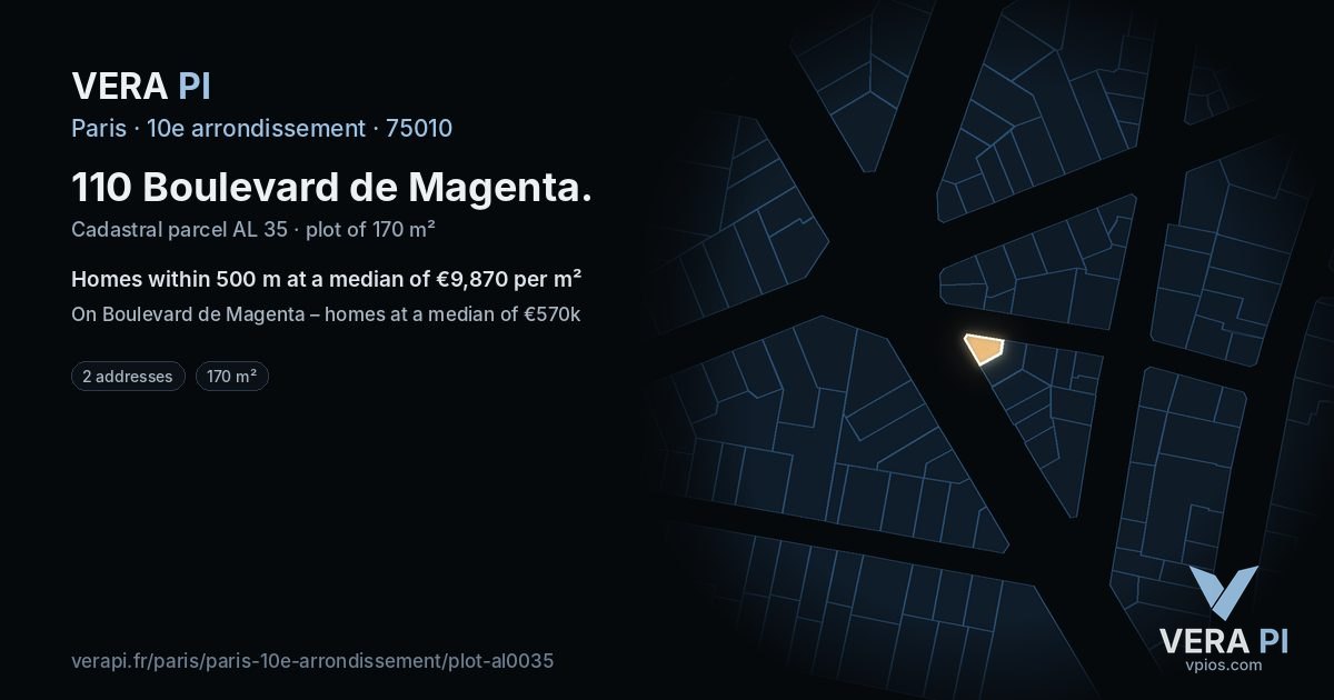 110 Boulevard de Magenta, 10e arrondissement at night – the plot lit, the parcels around coloured by the prices near them