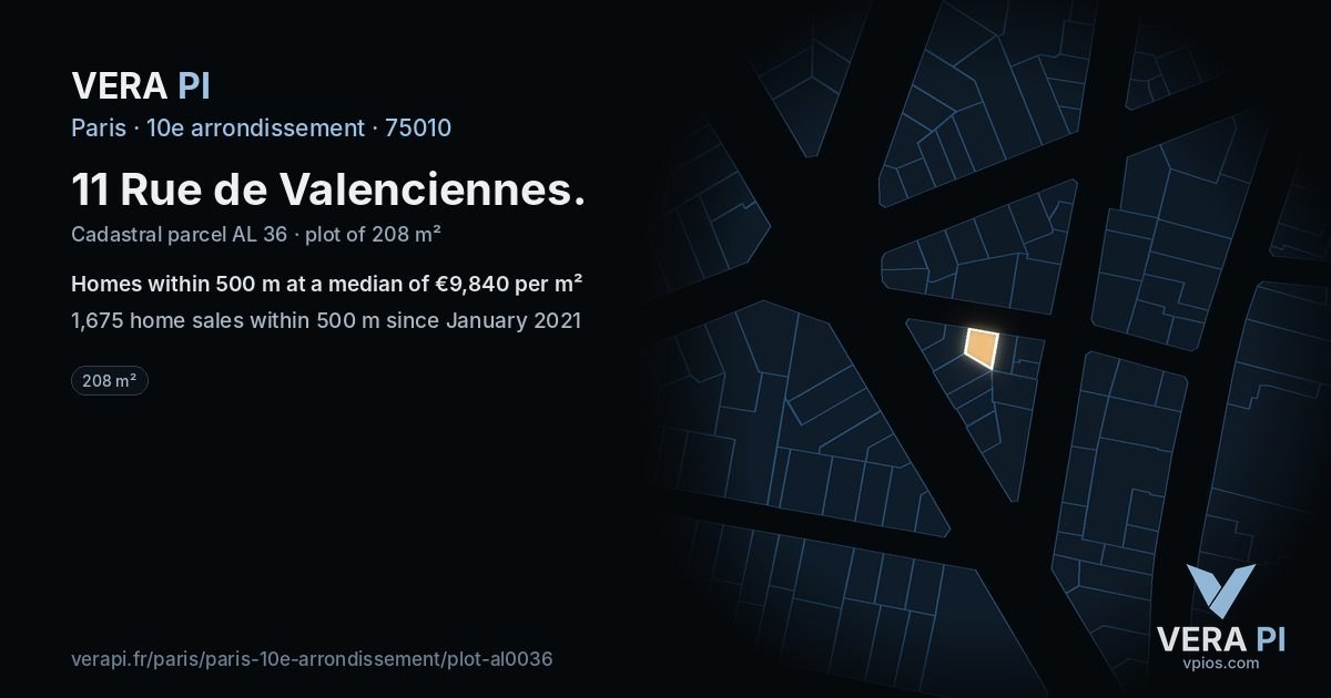 11 Rue de Valenciennes, 10e arrondissement at night – the plot lit, the parcels around coloured by the prices near them