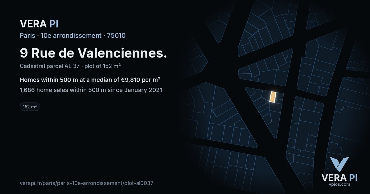 9 Rue de Valenciennes, 10e arrondissement at night – the plot lit, the parcels around coloured by the prices near them