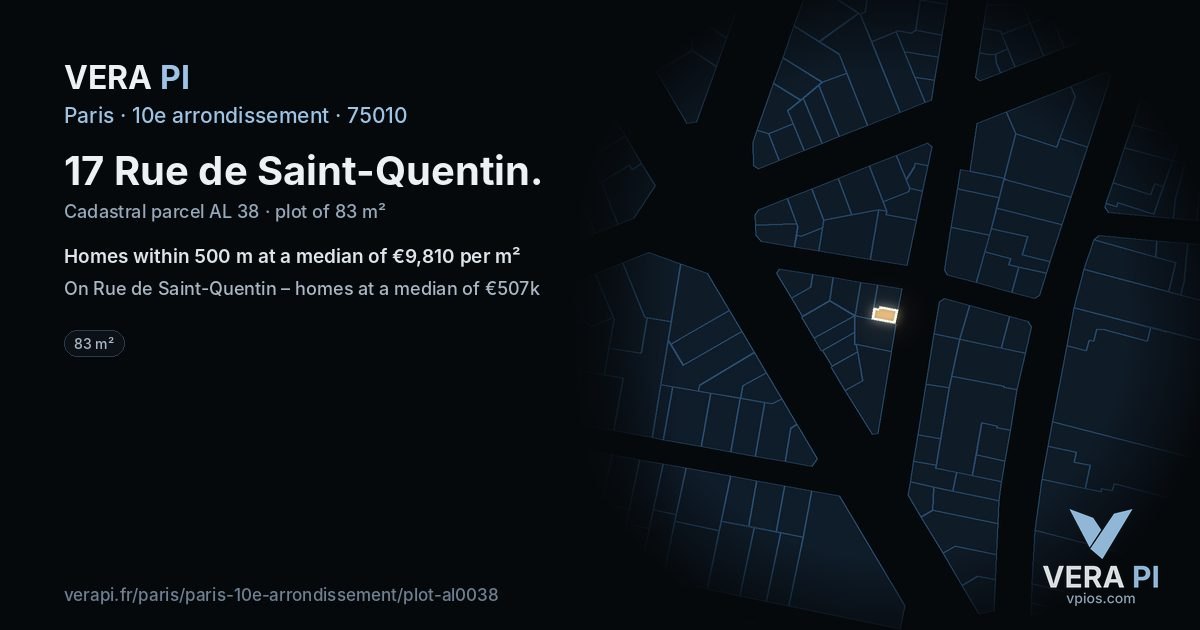 17 Rue de Saint-Quentin, 10e arrondissement at night – the plot lit, the parcels around coloured by the prices near them