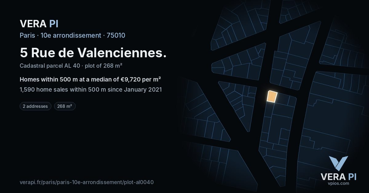 5 Rue de Valenciennes, 10e arrondissement at night – the plot lit, the parcels around coloured by the prices near them