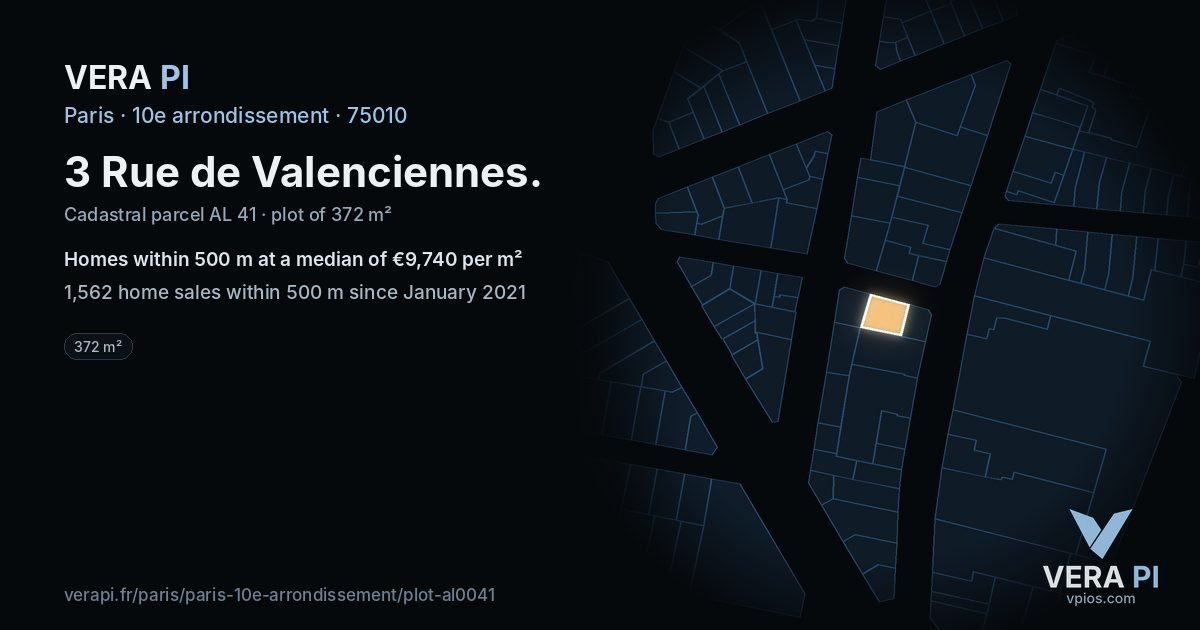 3 Rue de Valenciennes, 10e arrondissement at night – the plot lit, the parcels around coloured by the prices near them