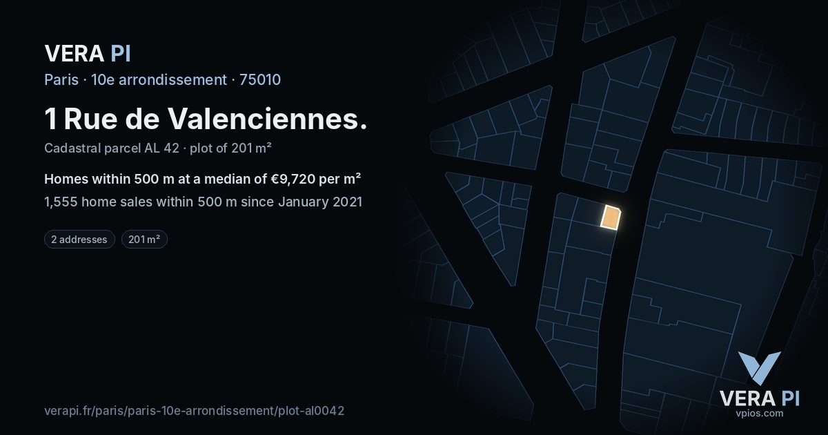 1 Rue de Valenciennes, 10e arrondissement at night – the plot lit, the parcels around coloured by the prices near them