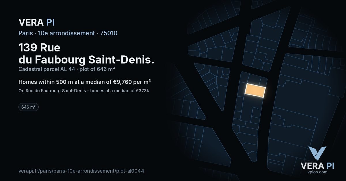 139 Rue du Faubourg Saint-Denis, 10e arrondissement at night – the plot lit, the parcels around coloured by the prices near them