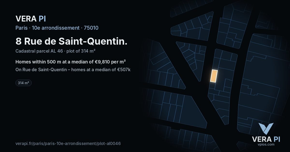 8 Rue de Saint-Quentin, 10e arrondissement at night – the plot lit, the parcels around coloured by the prices near them