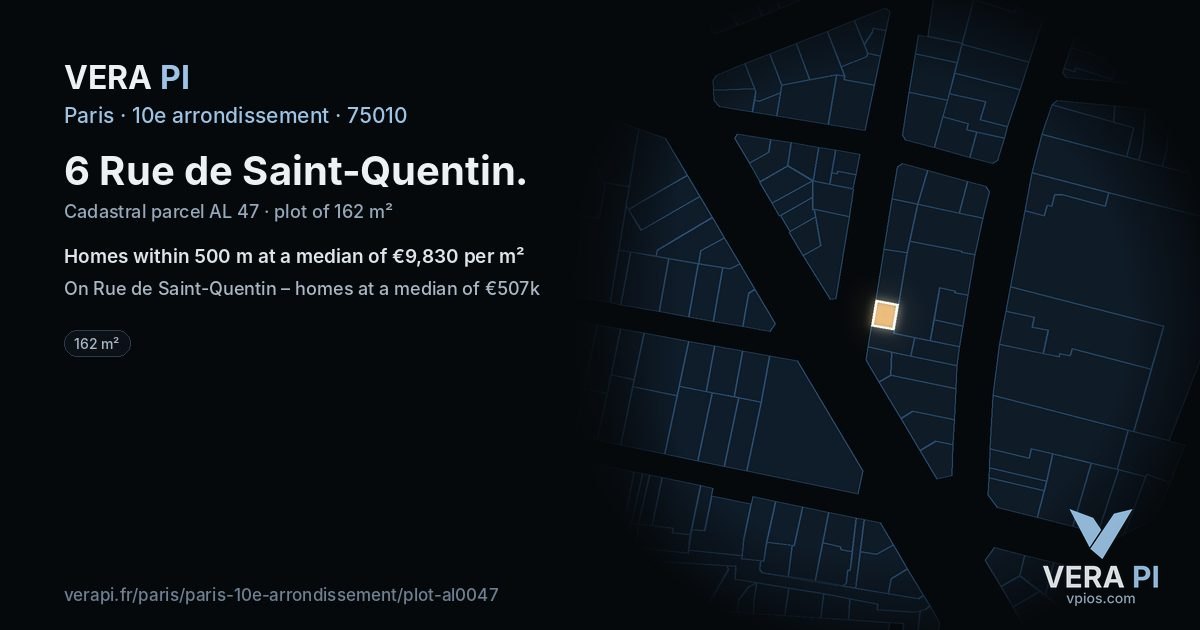 6 Rue de Saint-Quentin, 10e arrondissement at night – the plot lit, the parcels around coloured by the prices near them