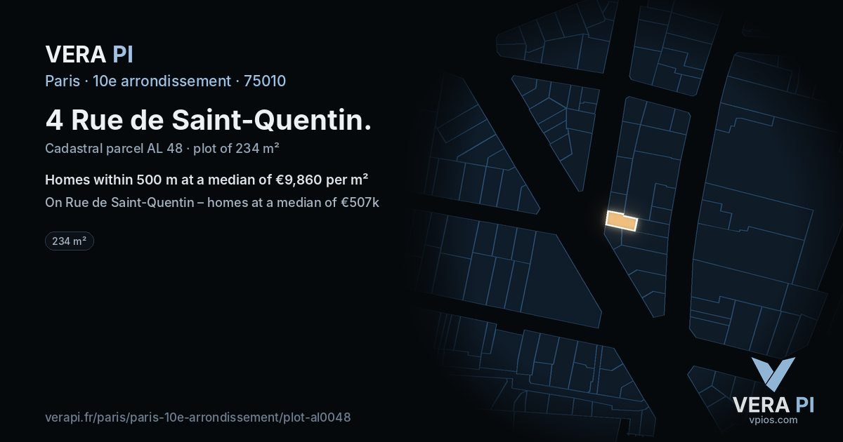 4 Rue de Saint-Quentin, 10e arrondissement at night – the plot lit, the parcels around coloured by the prices near them
