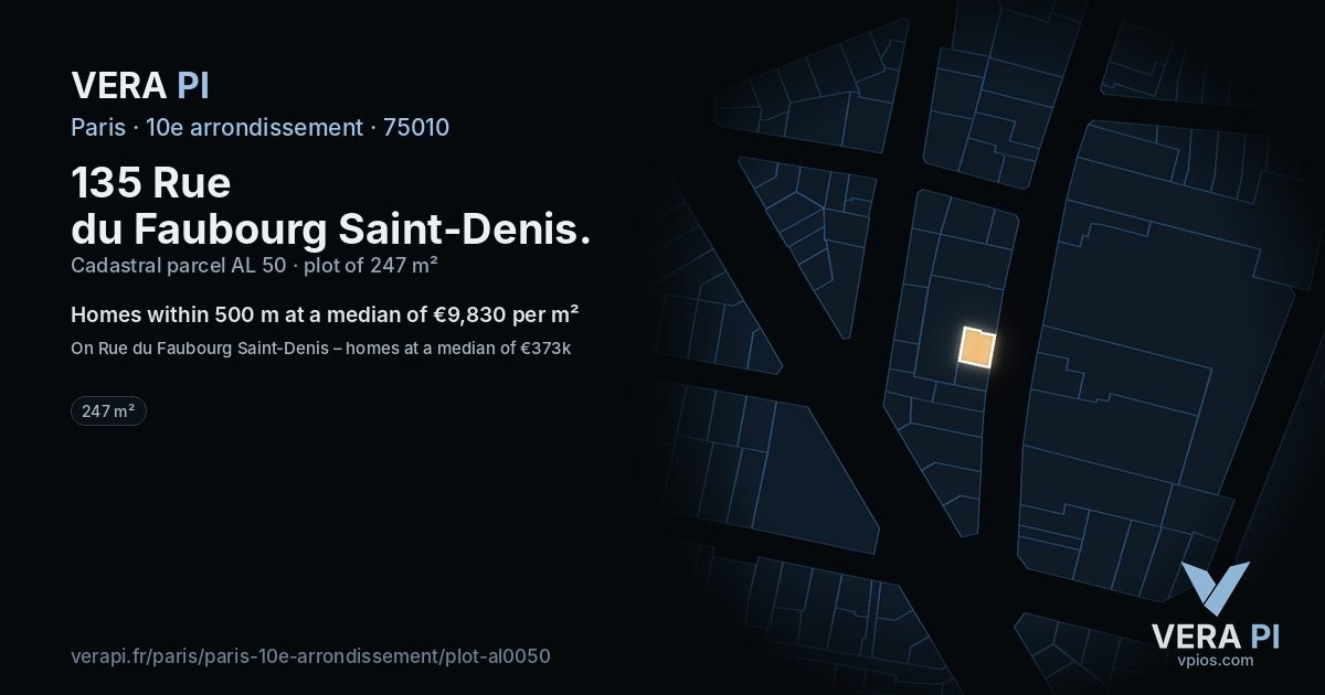 135 Rue du Faubourg Saint-Denis, 10e arrondissement at night – the plot lit, the parcels around coloured by the prices near them