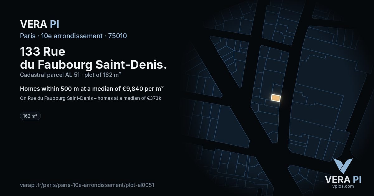 133 Rue du Faubourg Saint-Denis, 10e arrondissement at night – the plot lit, the parcels around coloured by the prices near them