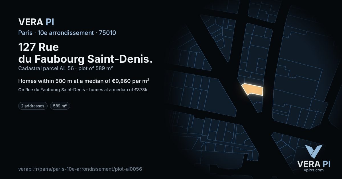 127 Rue du Faubourg Saint-Denis, 10e arrondissement at night – the plot lit, the parcels around coloured by the prices near them