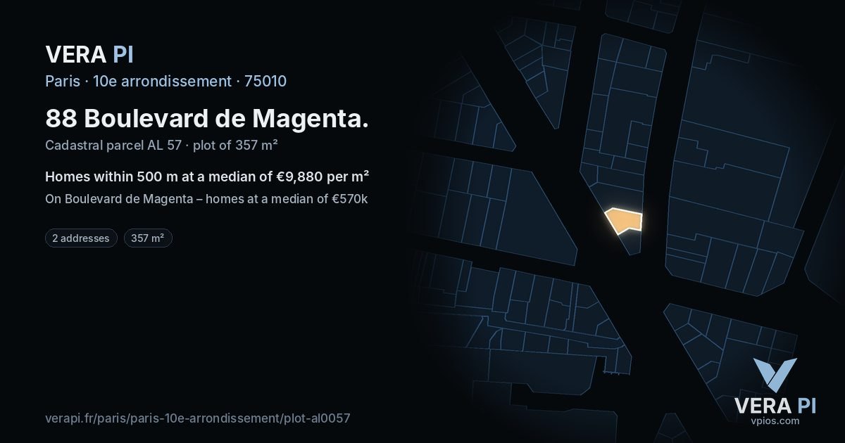 88 Boulevard de Magenta, 10e arrondissement at night – the plot lit, the parcels around coloured by the prices near them