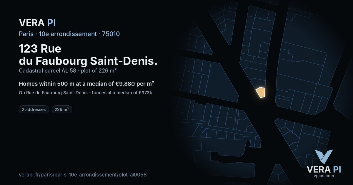 123 Rue du Faubourg Saint-Denis, 10e arrondissement at night – the plot lit, the parcels around coloured by the prices near them