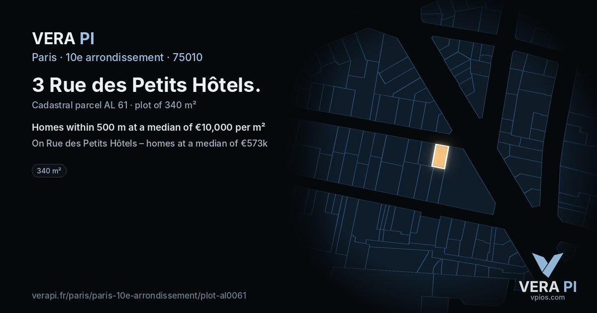 3 Rue des Petits Hôtels, 10e arrondissement at night – the plot lit, the parcels around coloured by the prices near them