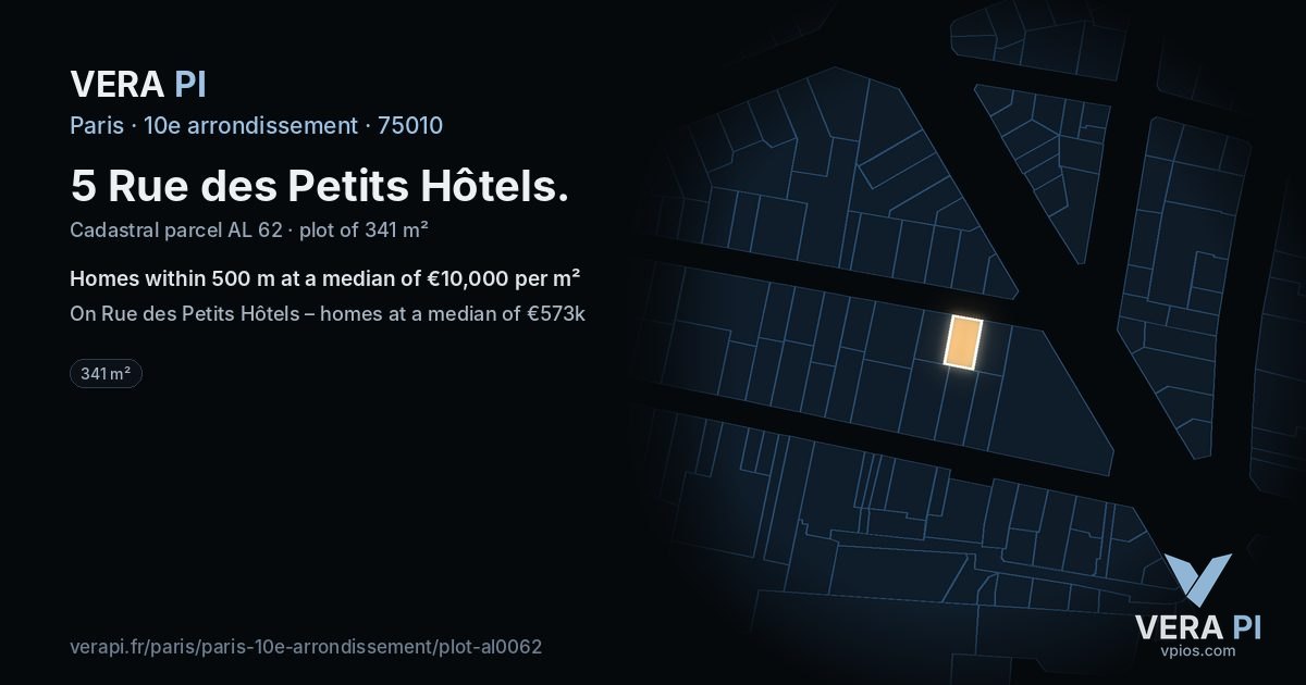 5 Rue des Petits Hôtels, 10e arrondissement at night – the plot lit, the parcels around coloured by the prices near them