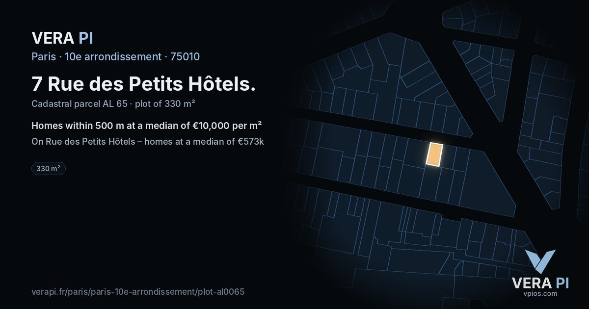 7 Rue des Petits Hôtels, 10e arrondissement at night – the plot lit, the parcels around coloured by the prices near them