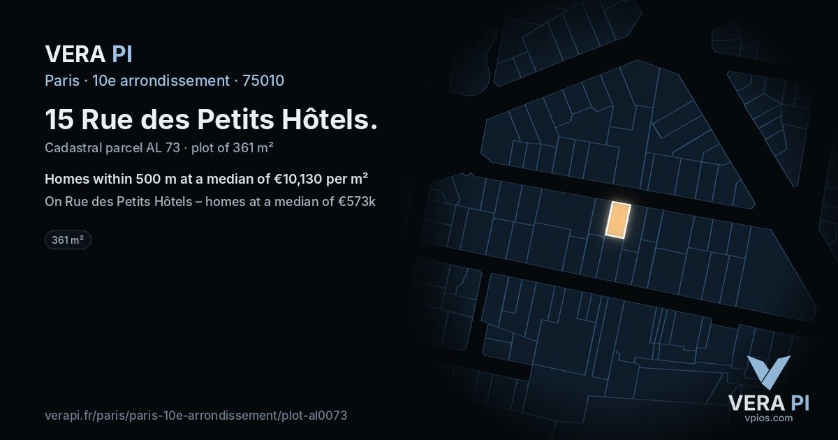 15 Rue des Petits Hôtels, 10e arrondissement at night – the plot lit, the parcels around coloured by the prices near them