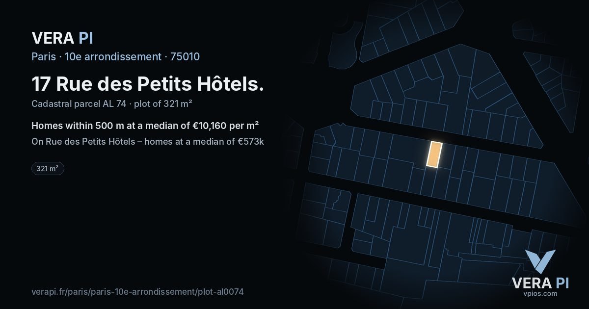 17 Rue des Petits Hôtels, 10e arrondissement at night – the plot lit, the parcels around coloured by the prices near them