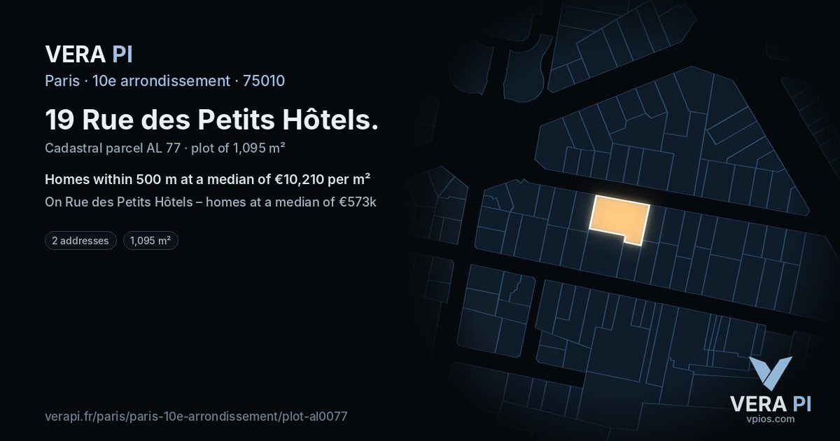 19 Rue des Petits Hôtels, 10e arrondissement at night – the plot lit, the parcels around coloured by the prices near them