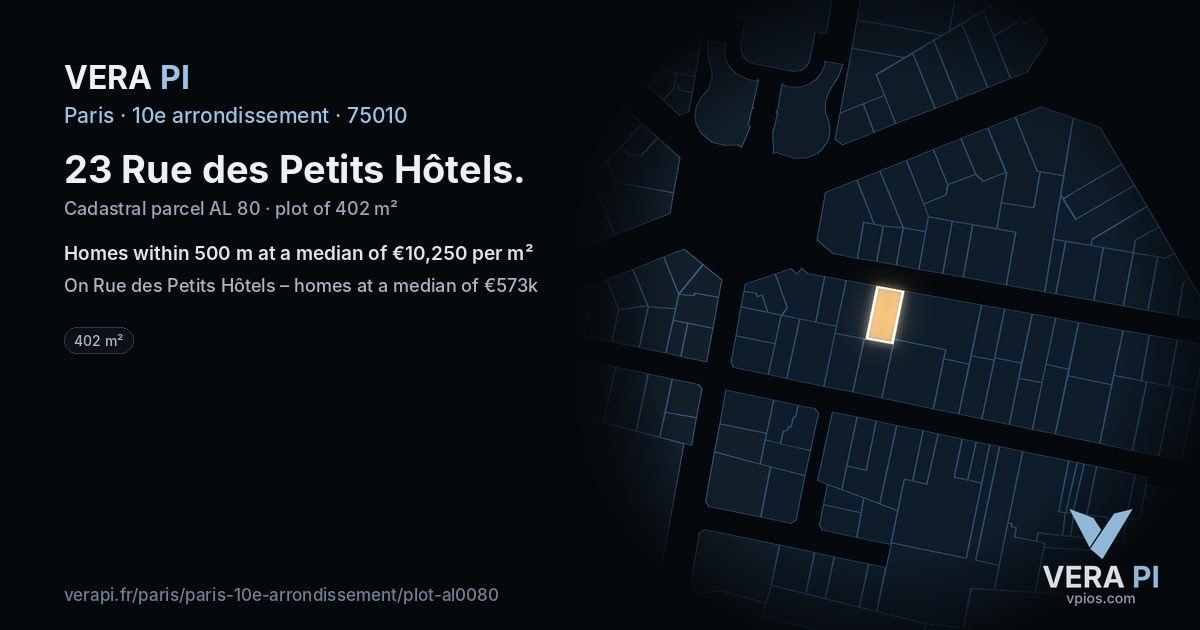 23 Rue des Petits Hôtels, 10e arrondissement at night – the plot lit, the parcels around coloured by the prices near them