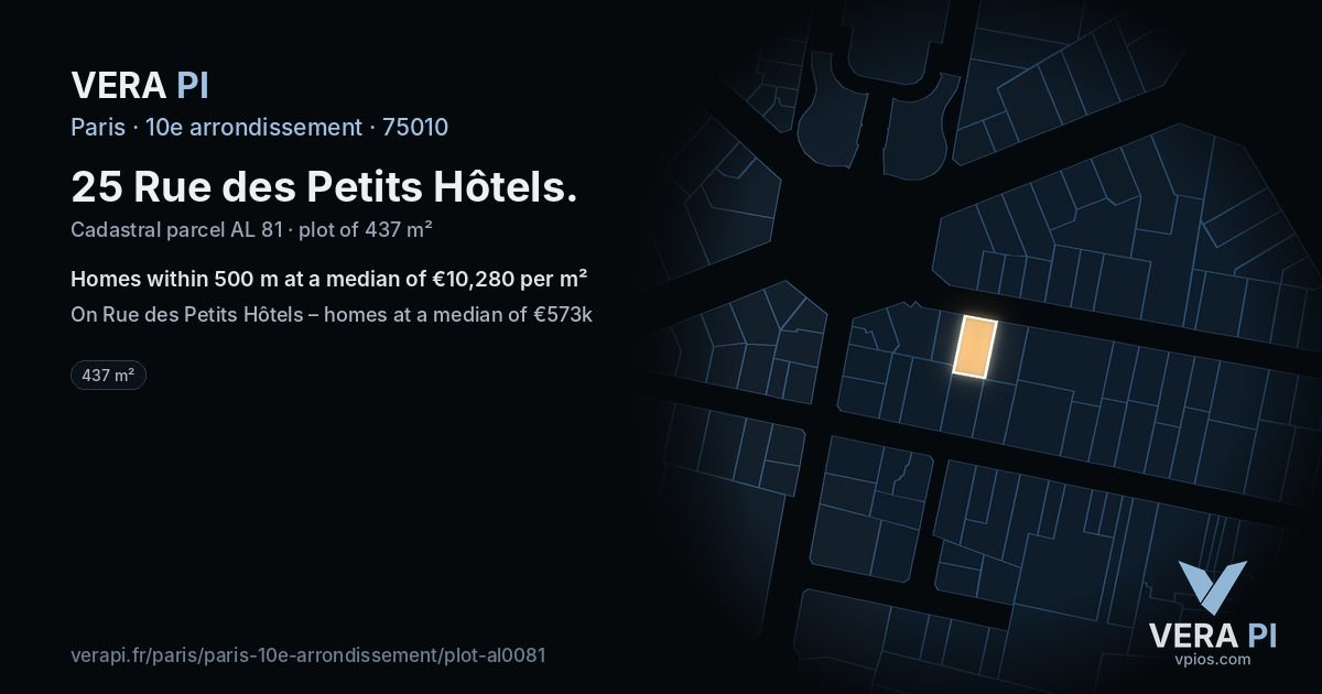 25 Rue des Petits Hôtels, 10e arrondissement at night – the plot lit, the parcels around coloured by the prices near them