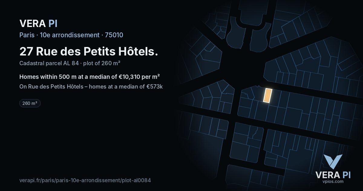 27 Rue des Petits Hôtels, 10e arrondissement at night – the plot lit, the parcels around coloured by the prices near them