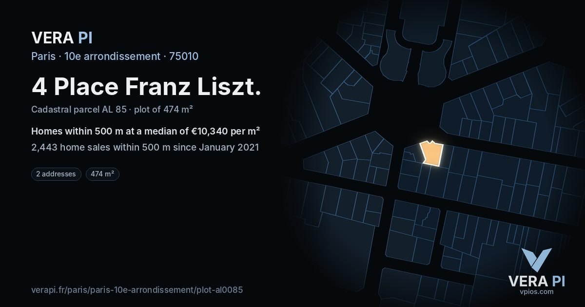 4 Place Franz Liszt, 10e arrondissement at night – the plot lit, the parcels around coloured by the prices near them
