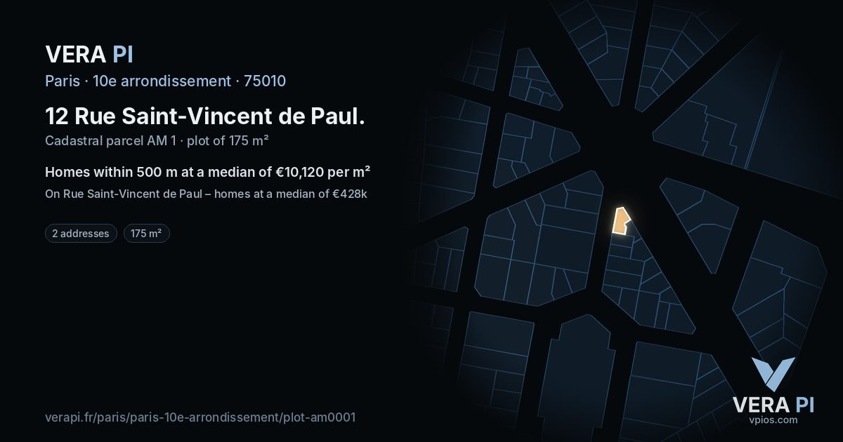 12 Rue Saint-Vincent de Paul, 10e arrondissement at night – the plot lit, the parcels around coloured by the prices near them
